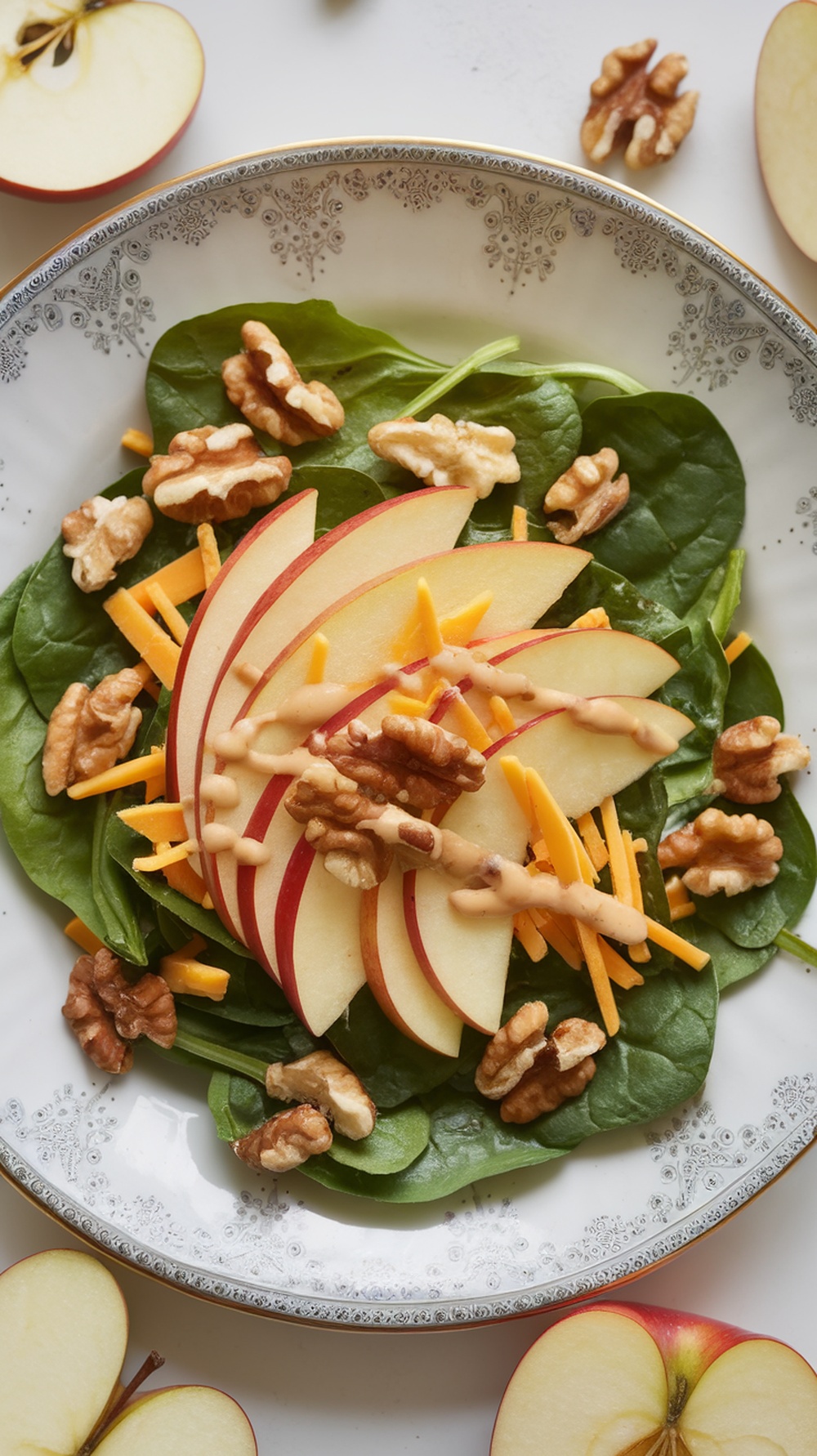 A fresh spinach salad topped with sliced apples, cheddar cheese, and walnuts, drizzled with dressing.