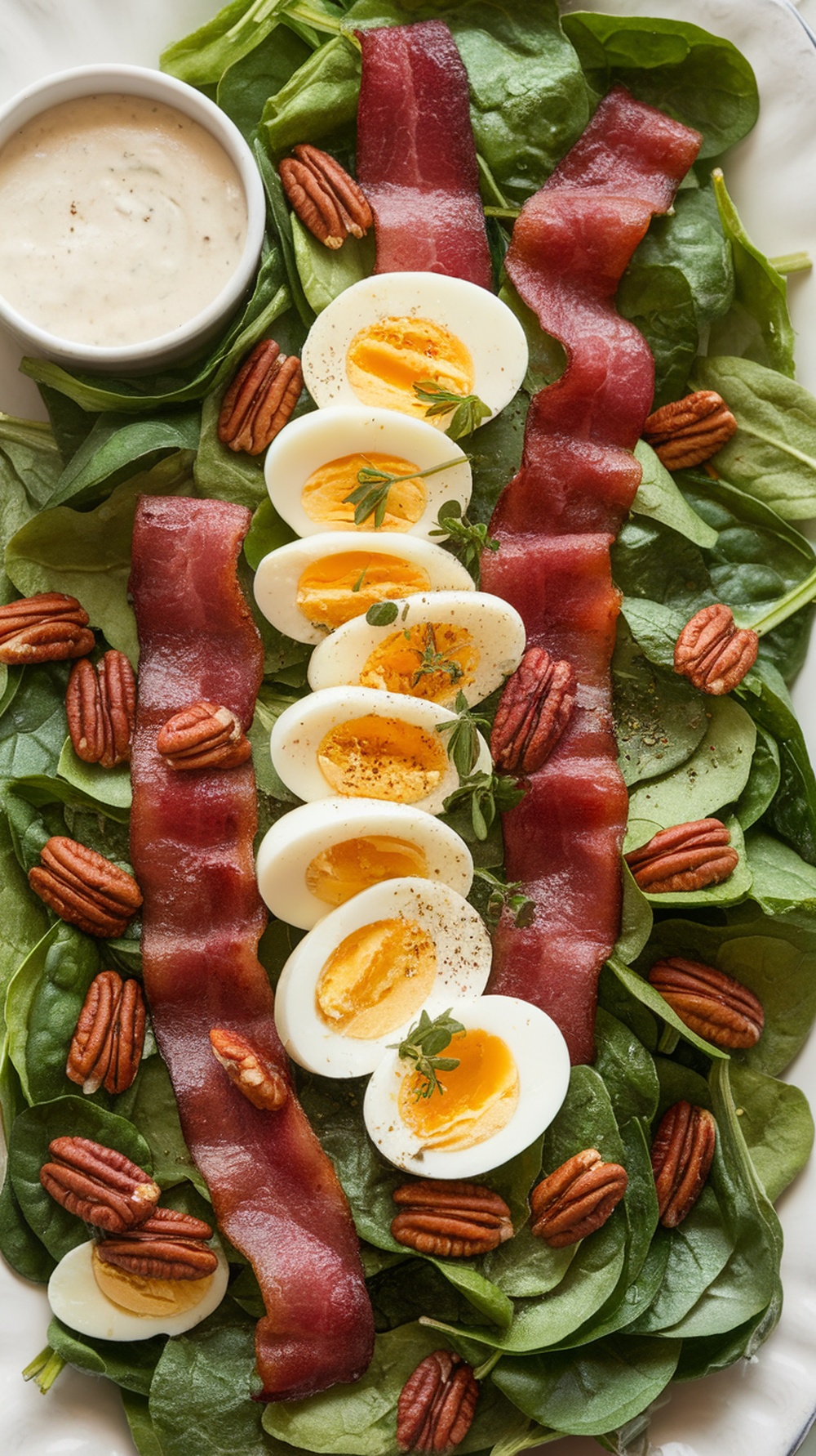 A delicious spinach salad topped with crispy bacon, hard-boiled eggs, and pecans, served with ranch dressing.