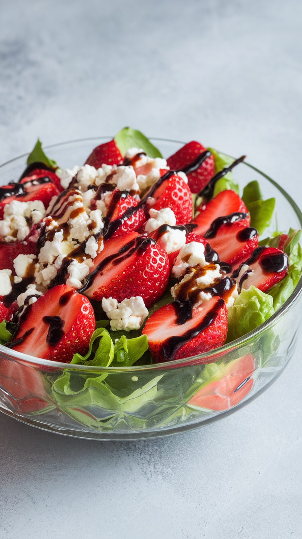 A vibrant Strawberry Feta Salad with balsamic glaze, featuring fresh strawberries, mixed greens, and crumbled feta cheese.