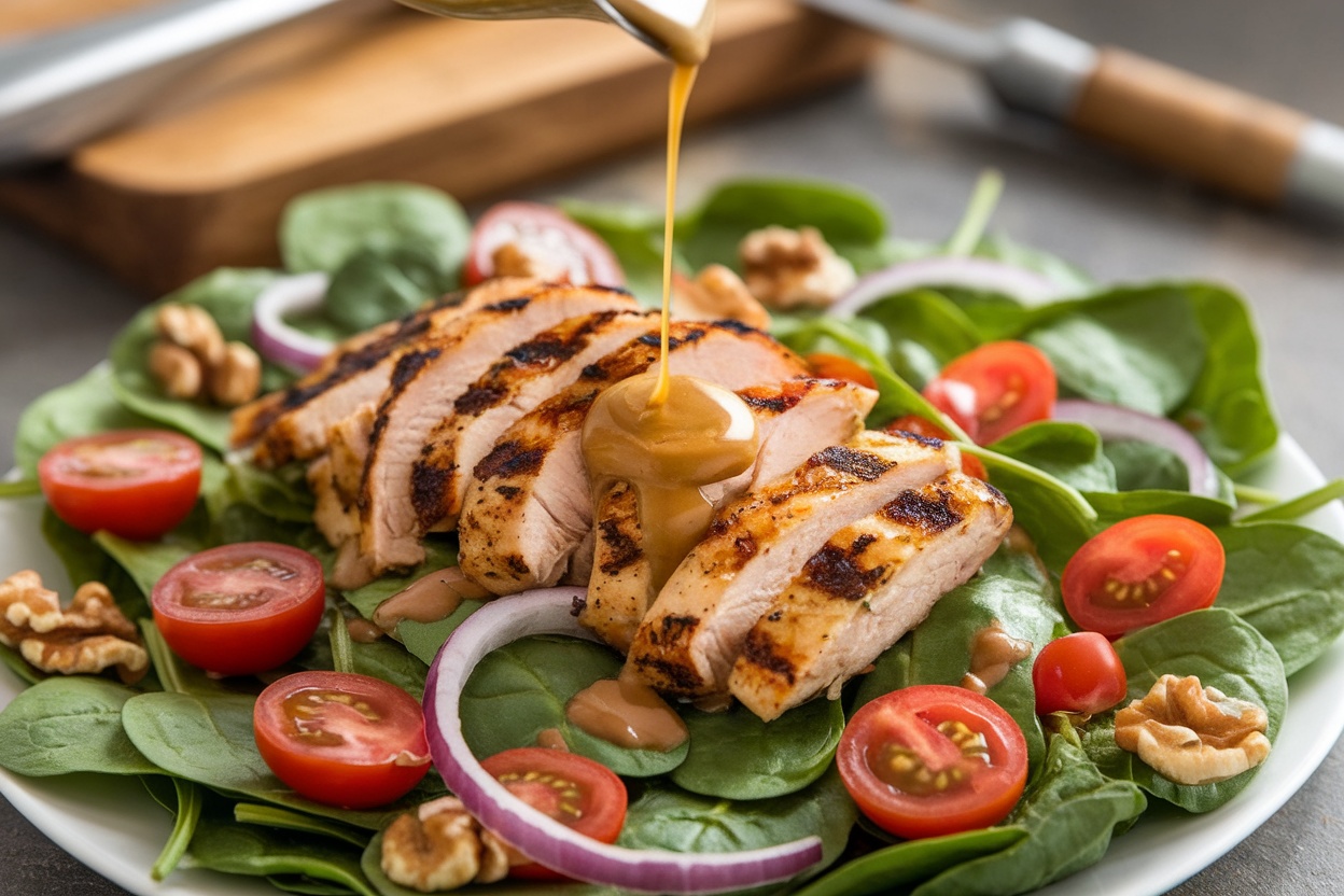 Grilled Chicken Spinach Salad with Honey Mustard Dressing