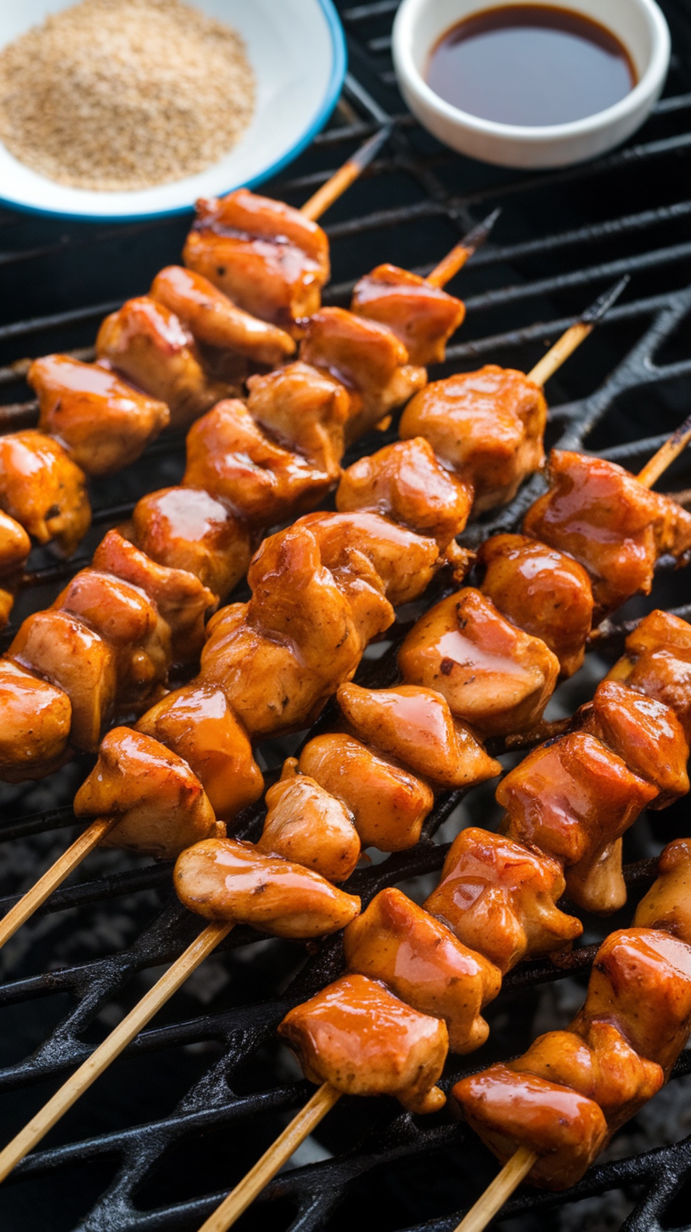 Grilled honey garlic chicken skewers on a barbecue grill
