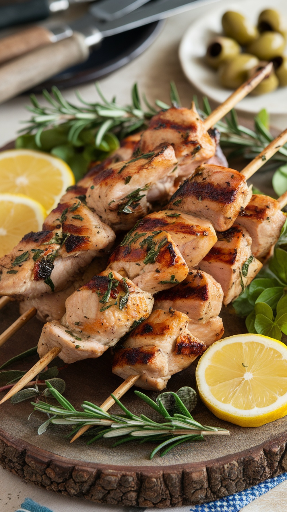 Grilled chicken skewers with lemon and herbs on a wooden platter