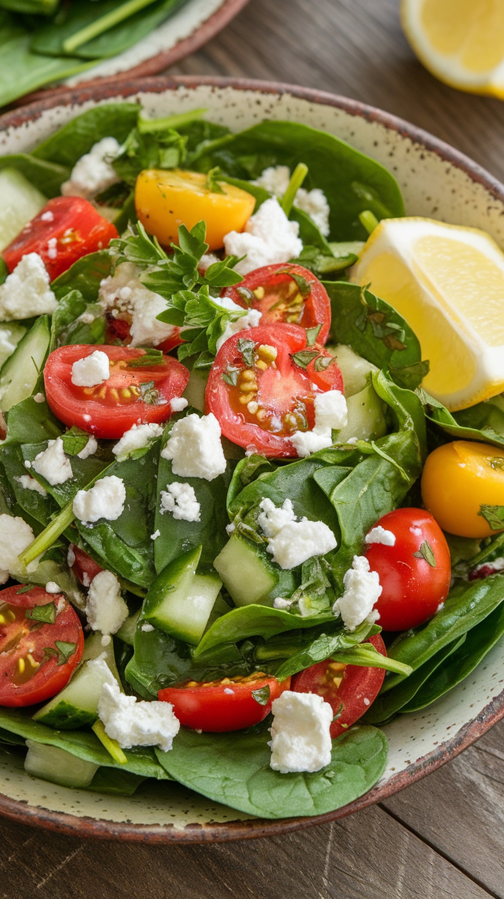 Mediterranean Spinach Salad with Chickpeas and Feta A colorful Mediterranean spinach salad with spinach, chickpeas, cherry tomatoes, cucumber, and feta cheese in a rustic bowl.