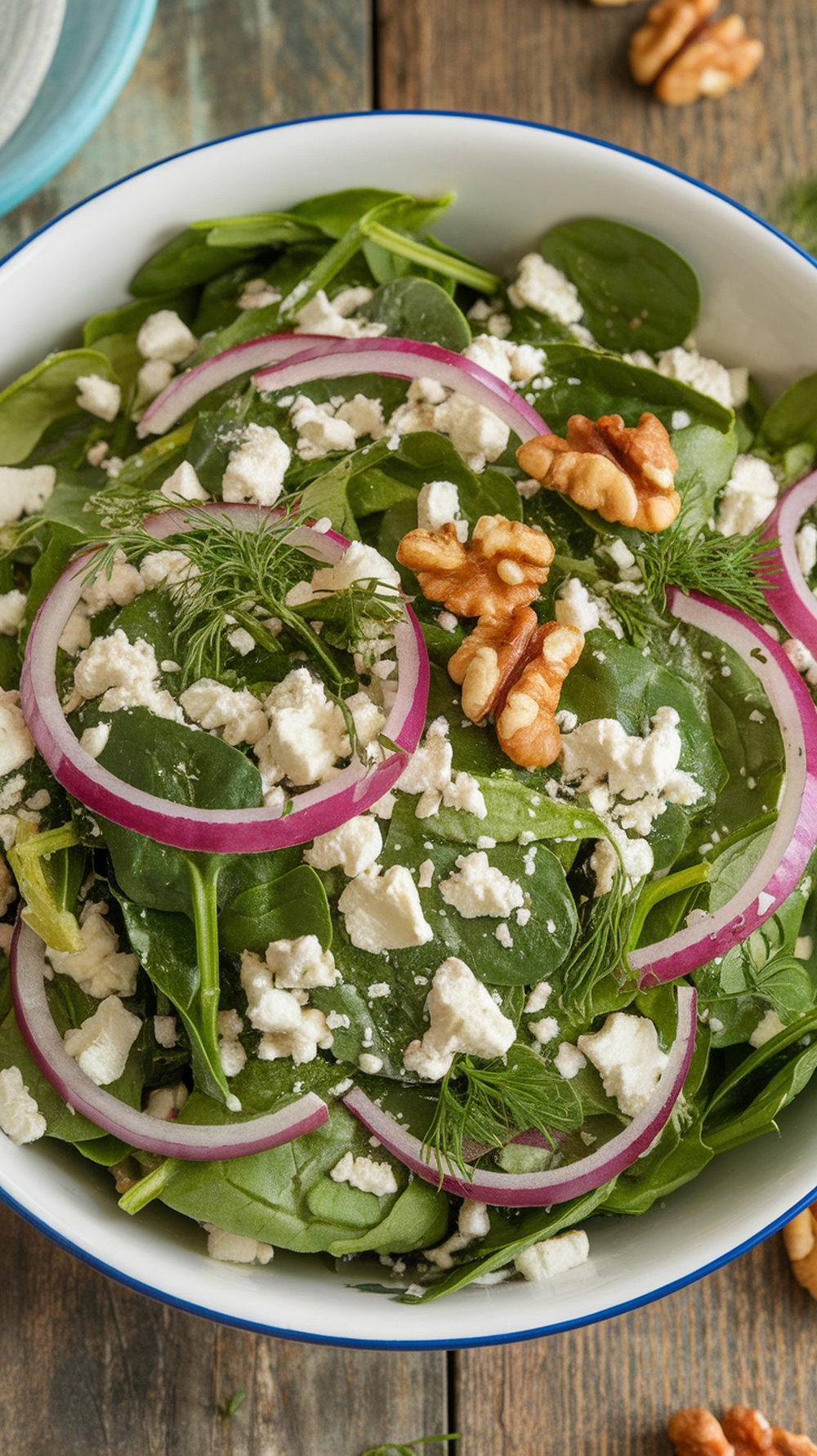 Spinach and Feta Salad with Fresh Herbs A colorful spinach and feta salad with fresh herbs, red onion, and walnuts on a rustic table.