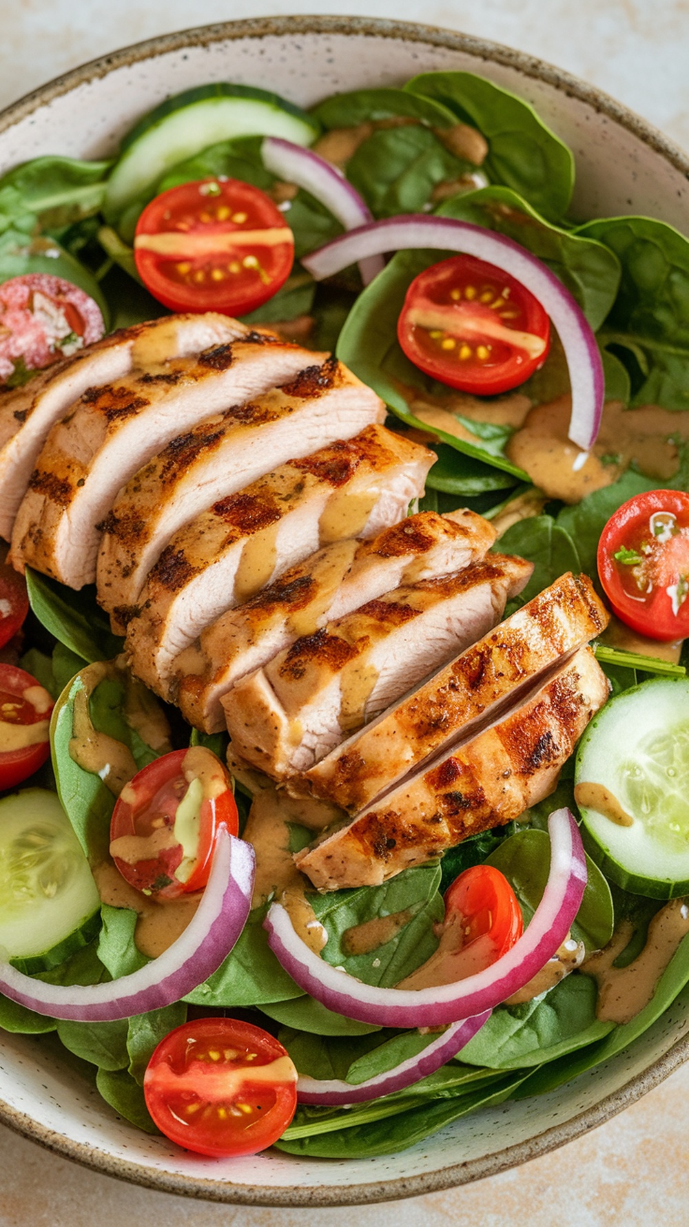 Grilled Chicken Spinach Salad with Honey Mustard Dressing Grilled chicken spinach salad with cherry tomatoes, red onion, cucumber, and honey mustard dressing in a rustic bowl.