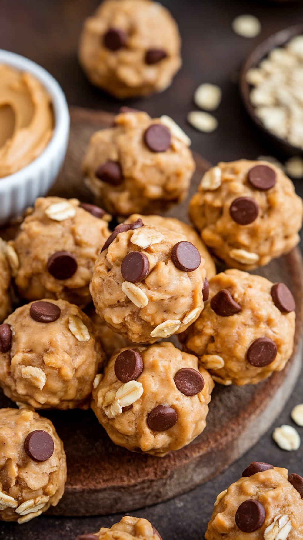 Peanut butter protein balls on a wooden surface, with oats and chocolate chips, ready to be enjoyed.