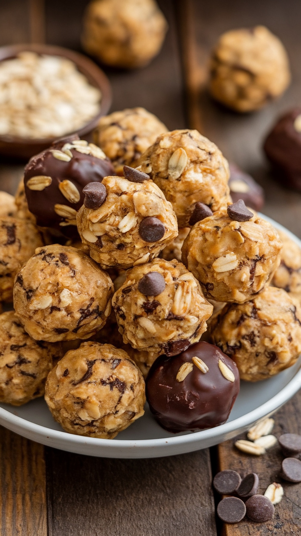 Nutritious protein energy balls on a plate, with oats and honey in the background.