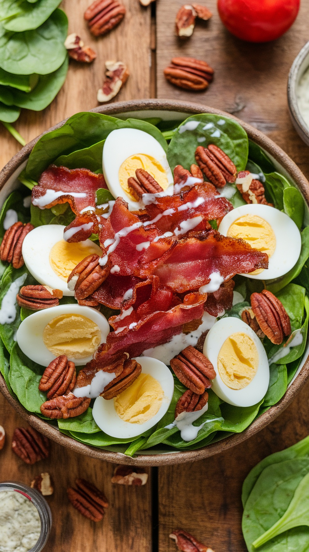 Spinach Salad with Bacon and Hard-Boiled Eggs A colorful spinach salad with bacon, hard-boiled eggs, and pecans, dressed with ranch dressing, on a wooden table.