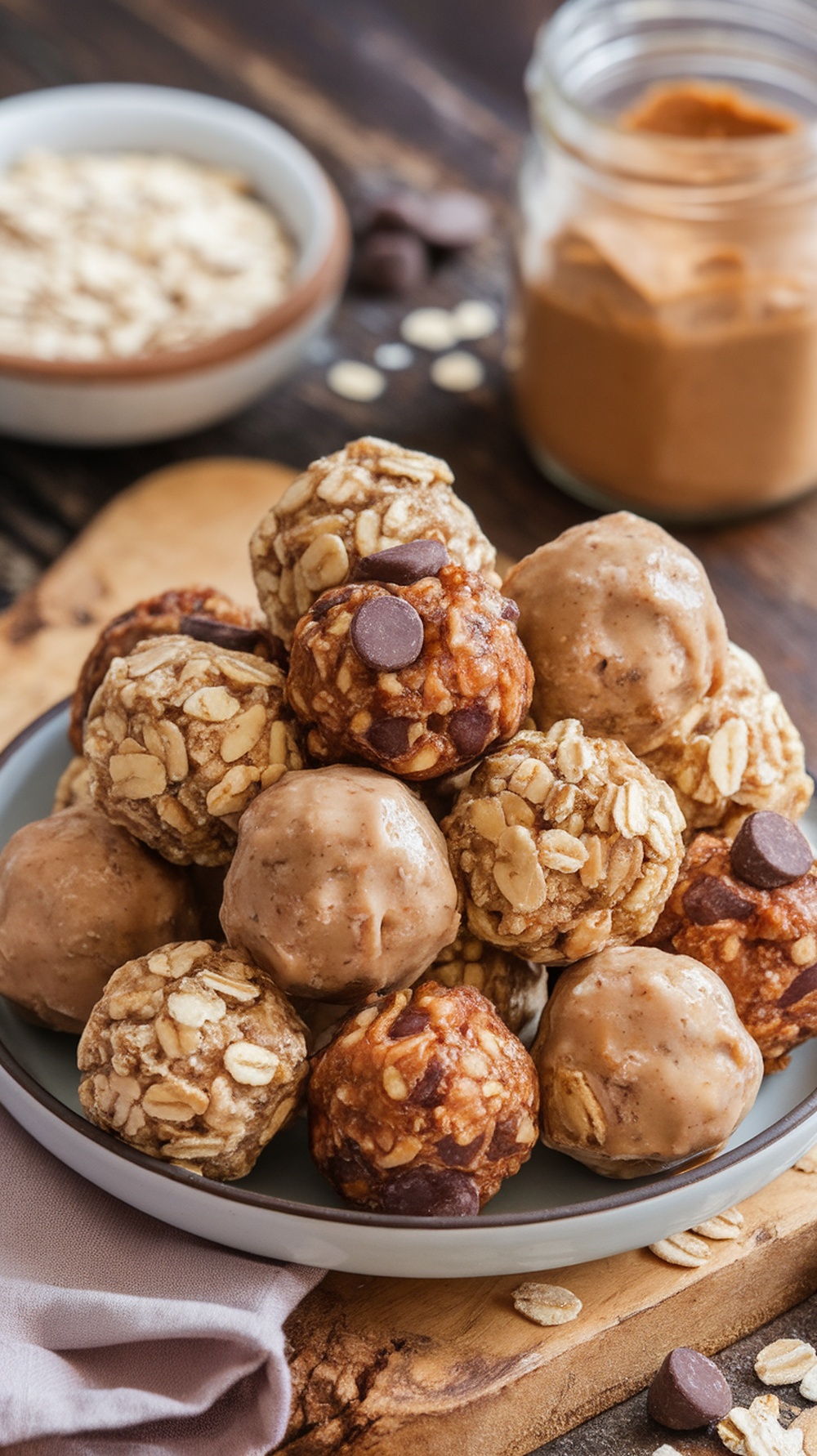 A plate of no-bake protein energy balls made with oats and nut butter, surrounded by oats and a jar of nut butter.