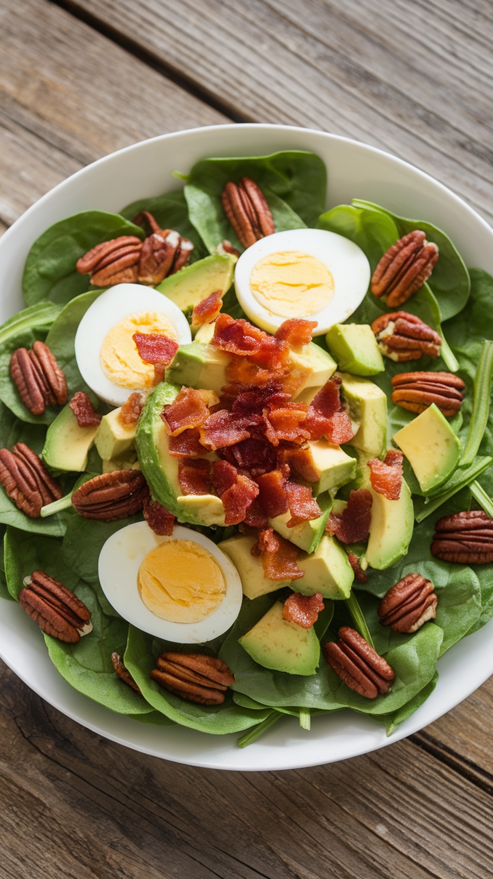 Avocado Spinach Salad with Citrus Dressing A colorful avocado spinach salad with bacon, eggs, and pecans, drizzled with citrus dressing on a rustic table.