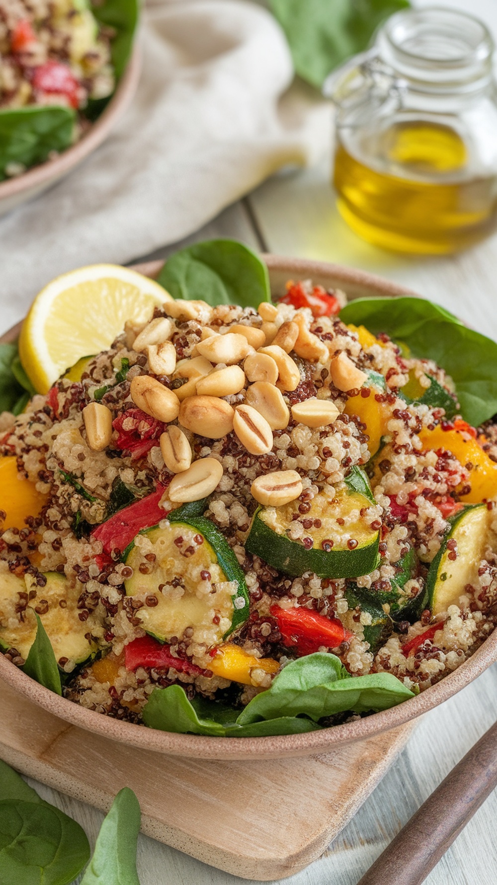 Quinoa Spinach Salad with Roasted Vegetables A colorful quinoa salad with roasted zucchini, red and yellow bell peppers, fresh spinach, and roasted peanuts in a rustic bowl.
