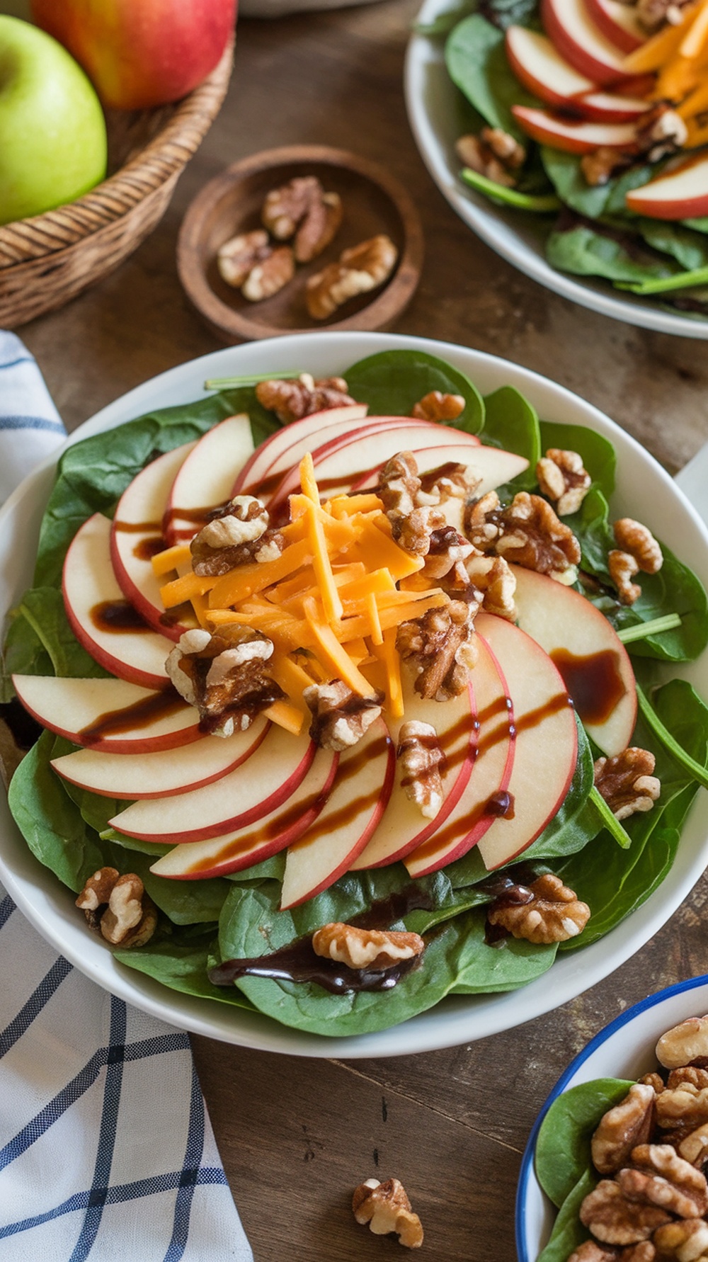 Spinach Salad with Apples and Cheddar A fresh spinach salad with apples, cheddar cheese, and walnuts, drizzled with balsamic vinaigrette on a rustic table.
