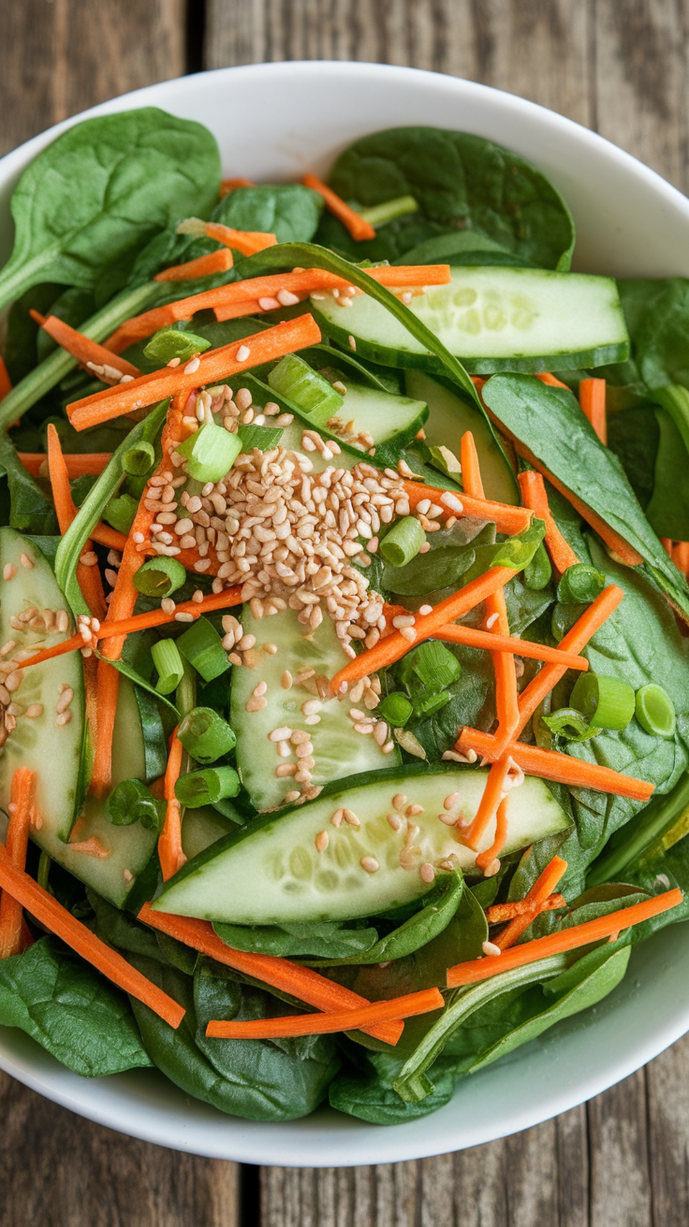 Asian Spinach Salad with Sesame Dressing A colorful Asian spinach salad with cucumbers, carrots, and sesame seeds in a bowl.