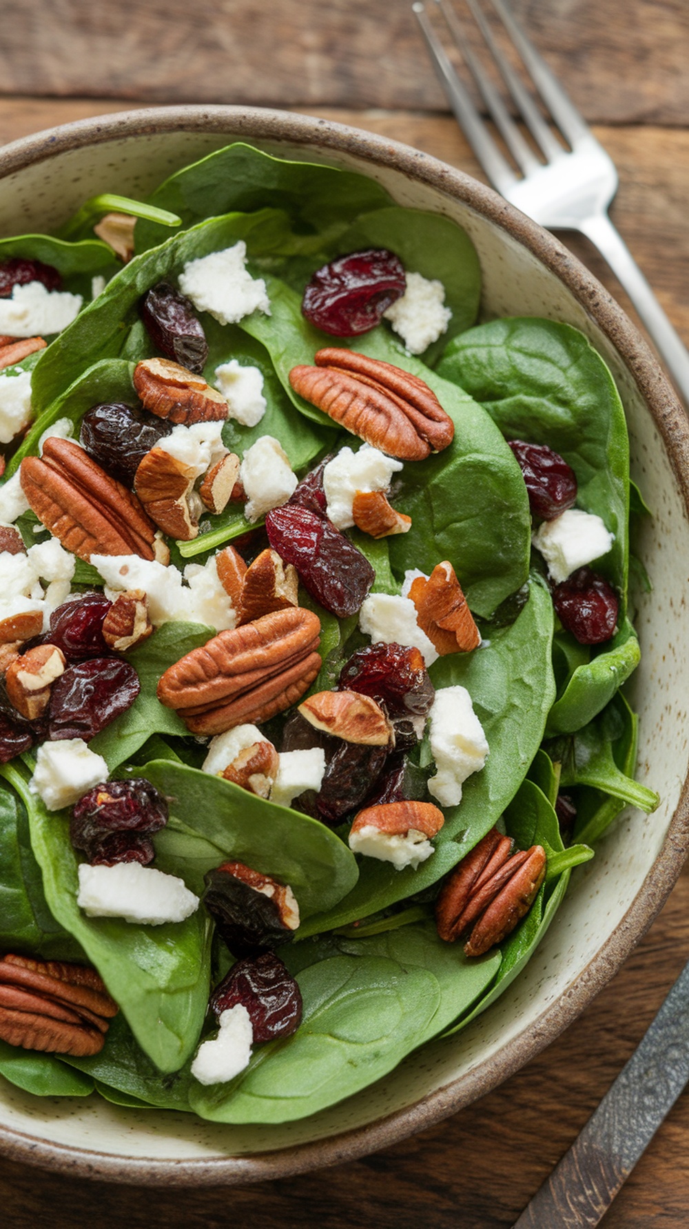 Spinach Salad with Cranberries and Pecans A colorful spinach salad with cranberries, pecans, and feta cheese in a rustic bowl.