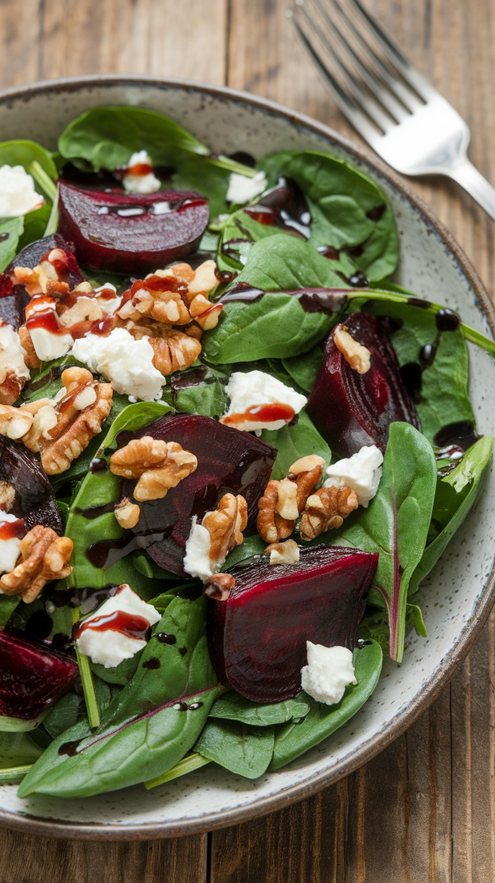 Spinach Salad with Beets and Goat Cheese A colorful spinach salad with beets, goat cheese, and walnuts, drizzled with balsamic reduction on a wooden table.