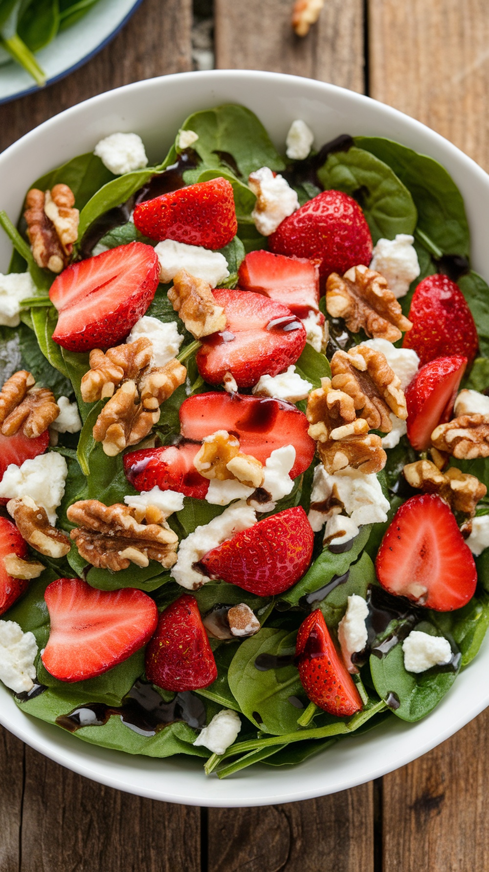 Fresh Spinach Salad with Strawberries and Goat Cheese A fresh spinach salad with strawberries, goat cheese, and walnuts, drizzled with balsamic vinaigrette on a rustic table.