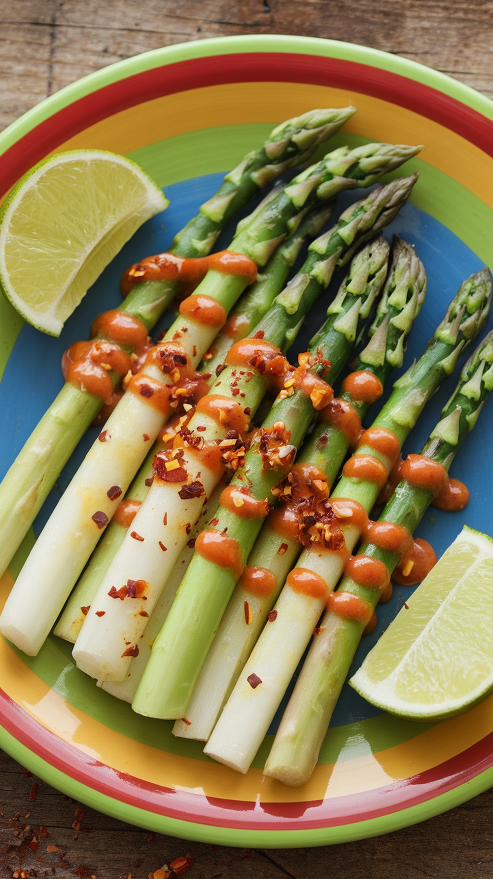 Grilled asparagus drizzled with chili sauce and lime, served on a colorful plate.