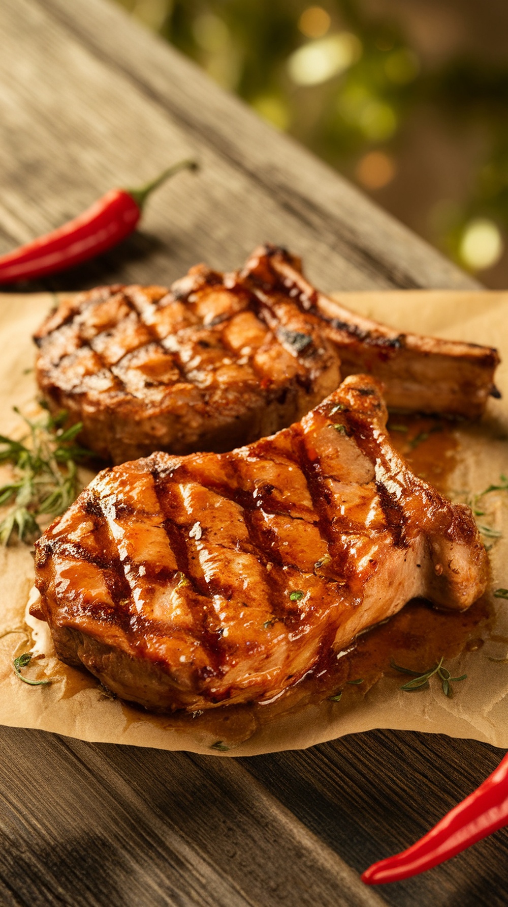Grilled pork chops with a spicy chipotle glaze, garnished with red chili peppers and herbs.