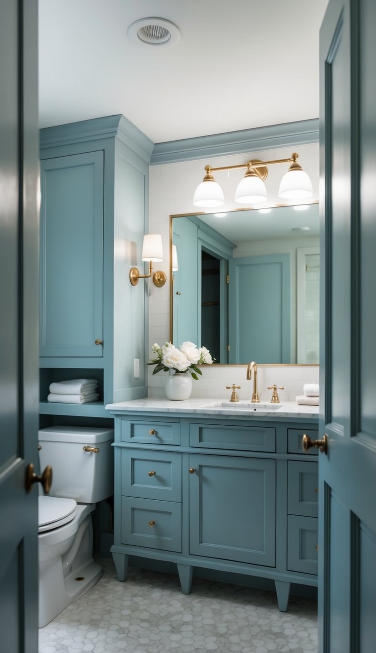 A serene bathroom with dusty blue cabinetry, soft lighting, and elegant fixtures exudes a sense of calm and sophistication