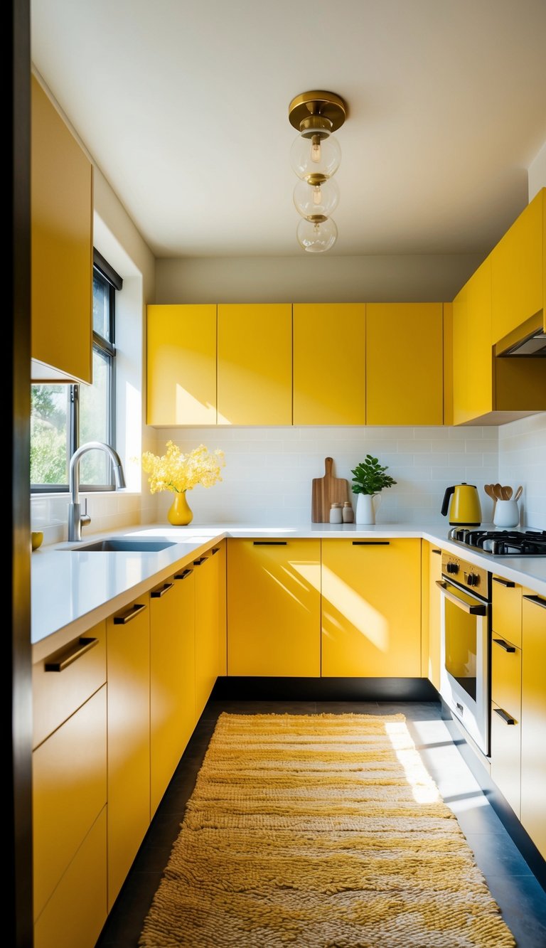 A bright, sunny kitchen with mid-century flair, featuring mustard yellow cabinets and sleek, minimalist design
