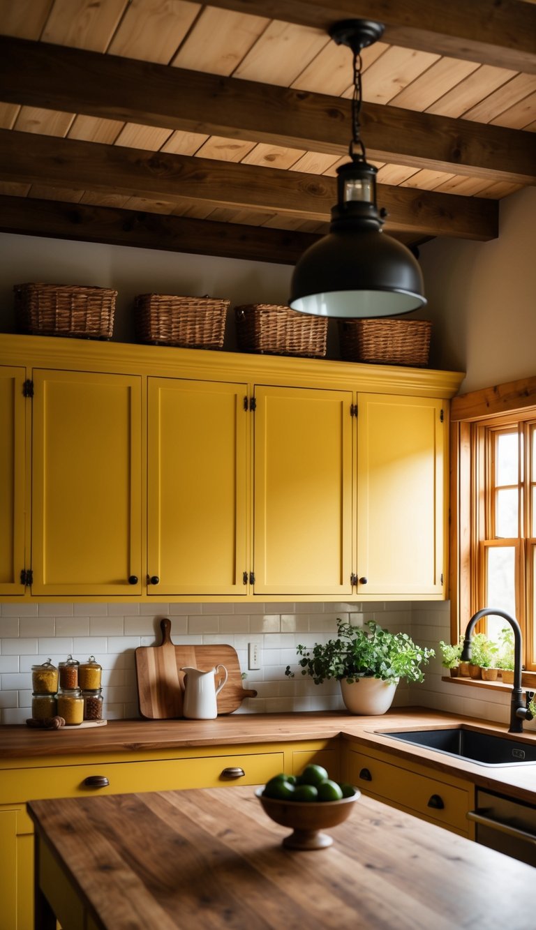 A cozy farmhouse kitchen with mustard yellow cabinets, warm wood accents, and vintage-inspired hardware