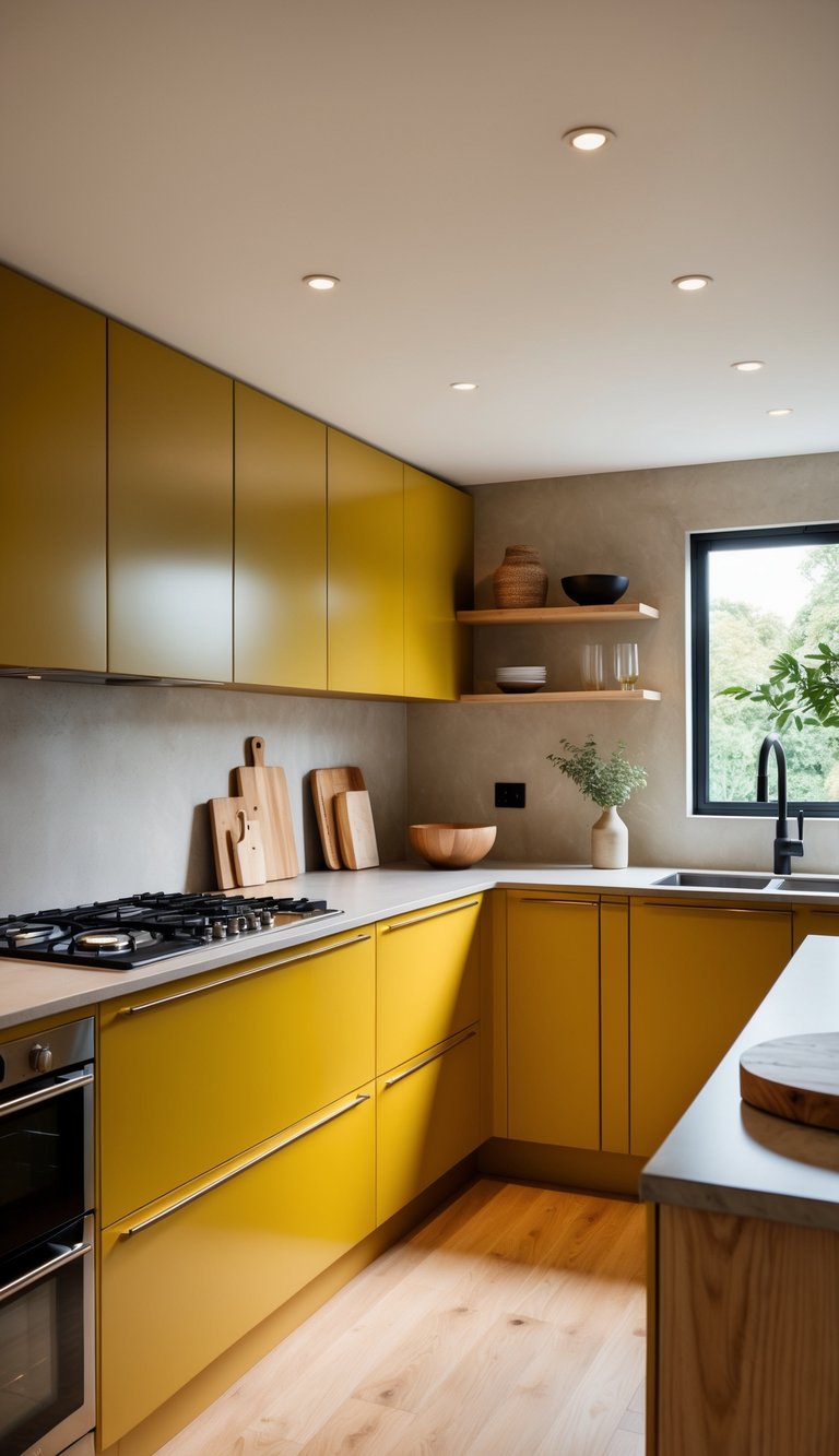 A modern kitchen with sleek, mustard yellow cabinets, natural wood accents, and earthy tones throughout