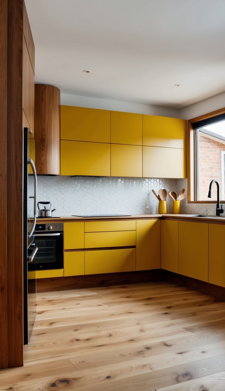 A modern kitchen with bold mustard yellow cabinets and timber accents