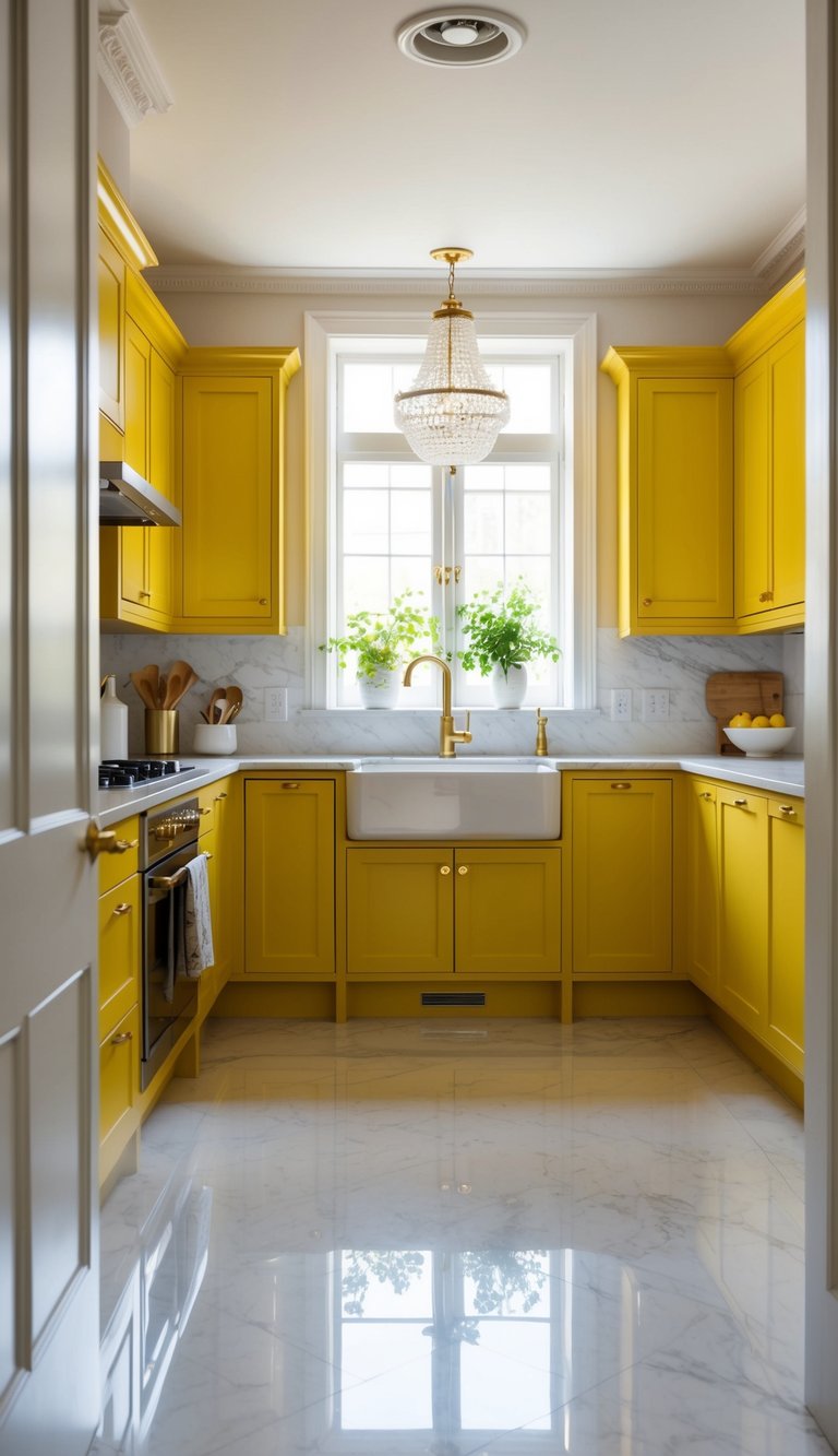 A bright, airy kitchen with sleek, mustard yellow cabinets, adorned with classical charm and elegance