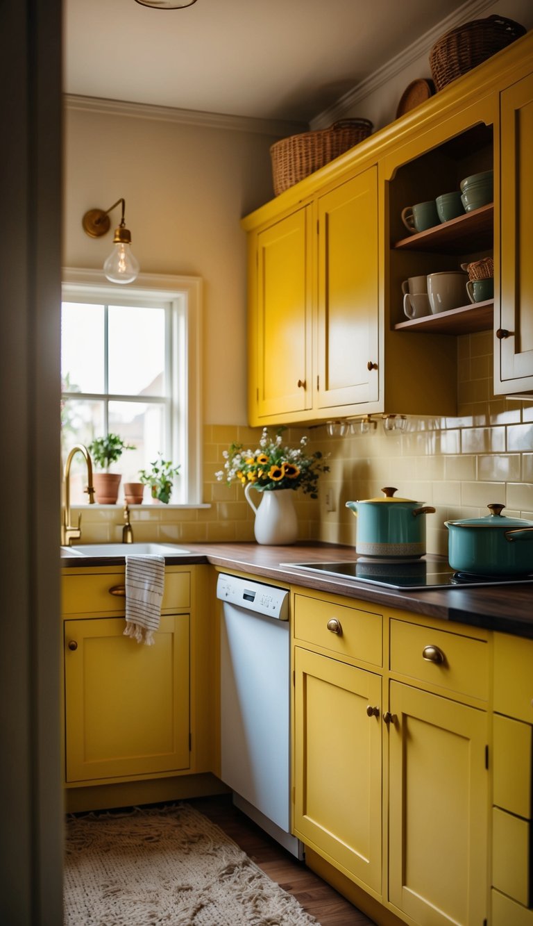A cozy kitchen with mustard yellow cabinets, vintage accents, and warm natural light