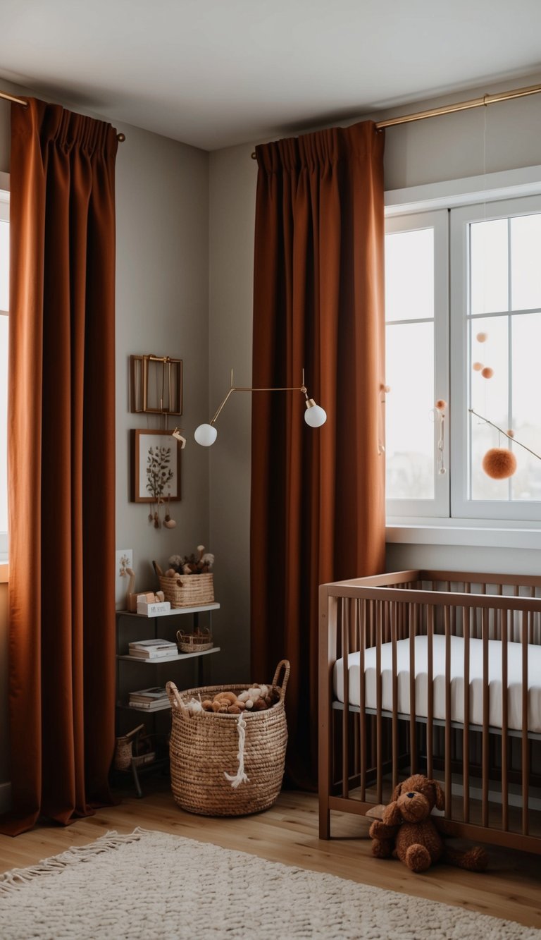 Rust-colored curtains hang in a modern nursery, creating a cozy and luxurious atmosphere