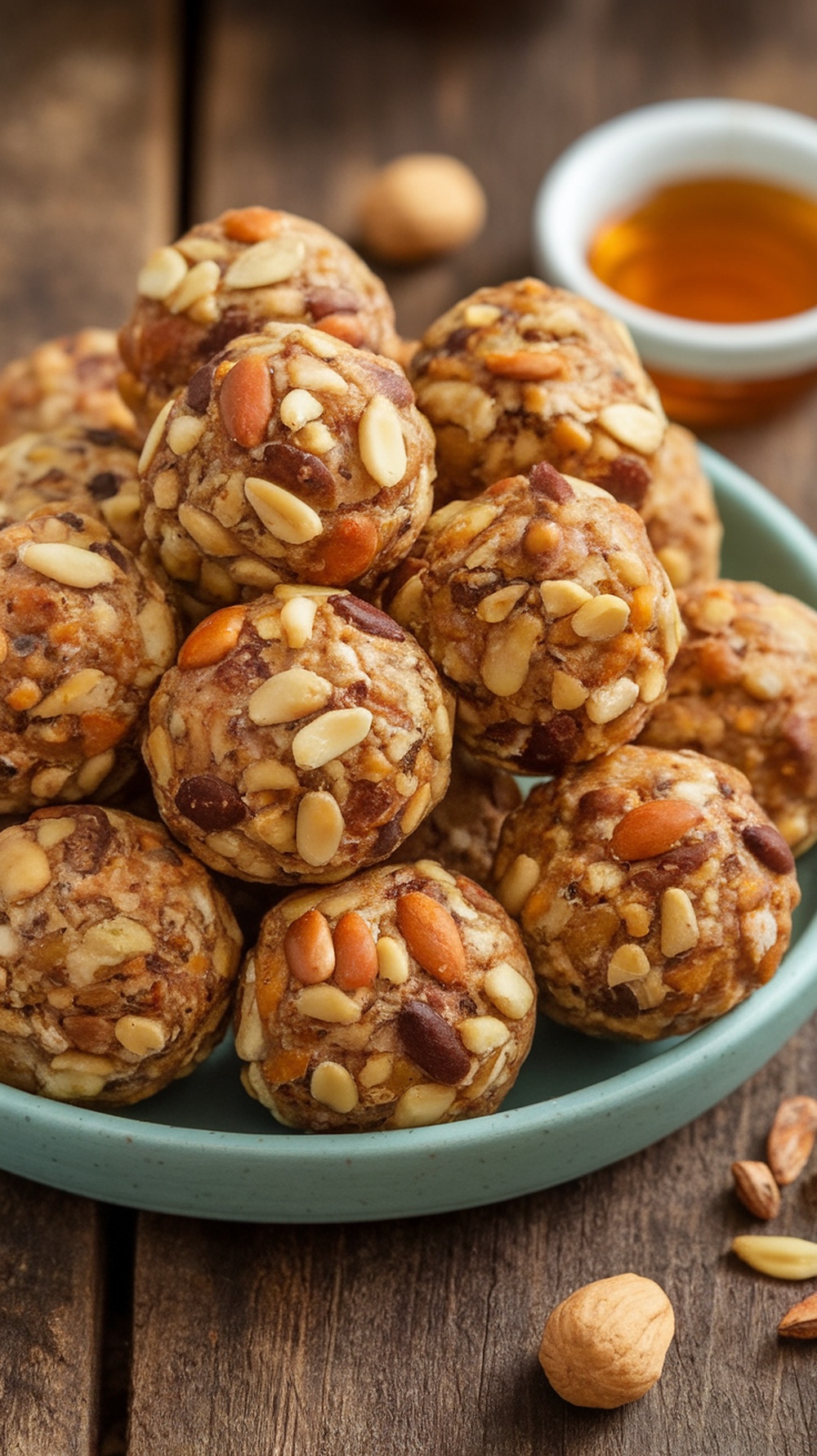 Nutty Gluten-Free Protein Balls Recipe Nutty gluten-free protein balls on a plate with honey and nuts in the background.