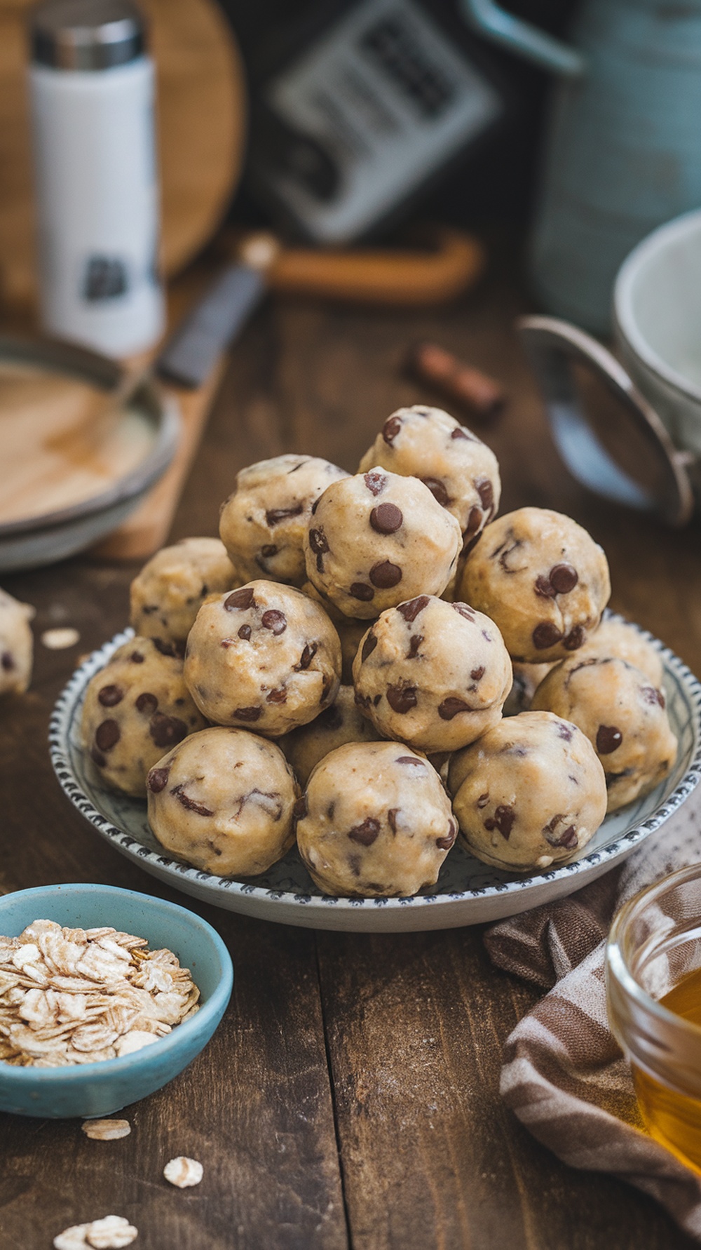 No-Bake Cookie Dough Protein Balls Recipe A plate of no-bake cookie dough protein balls with chocolate chips, set on a rustic wooden table.