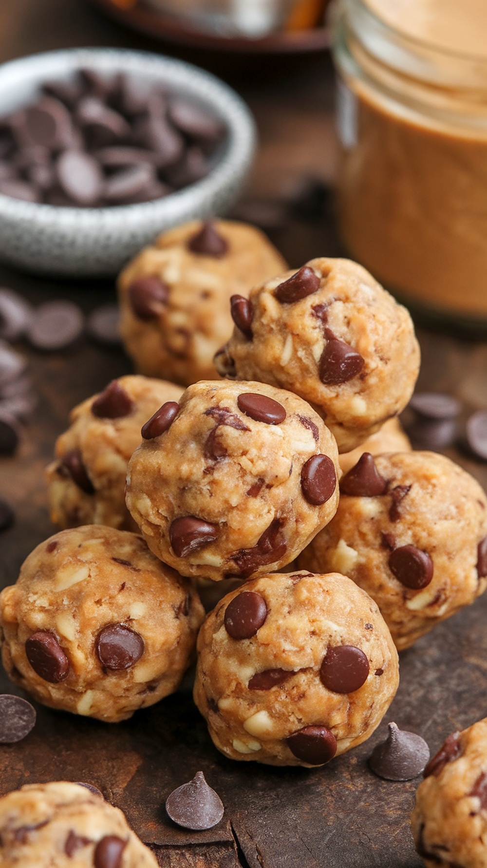 Chocolate Chip Protein Balls Recipe Chocolate chip protein balls on a wooden surface with chocolate chips and nut butter in the background.