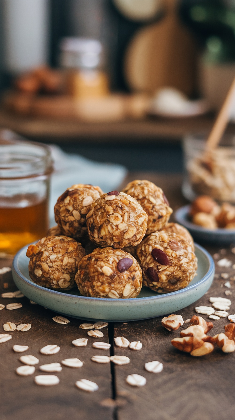Nutty High Protein Energy Balls Recipe A plate of nutty high protein energy balls made with oats, nuts, and seeds, on a rustic wooden table.