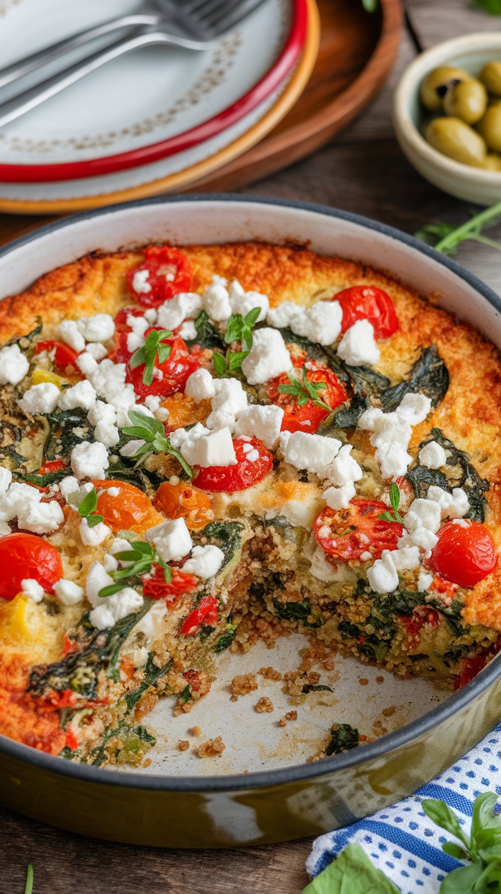 Mediterranean Quinoa Breakfast Casserole Recipe Mediterranean quinoa breakfast casserole with spinach, tomatoes, and feta cheese, served in a rustic dish.