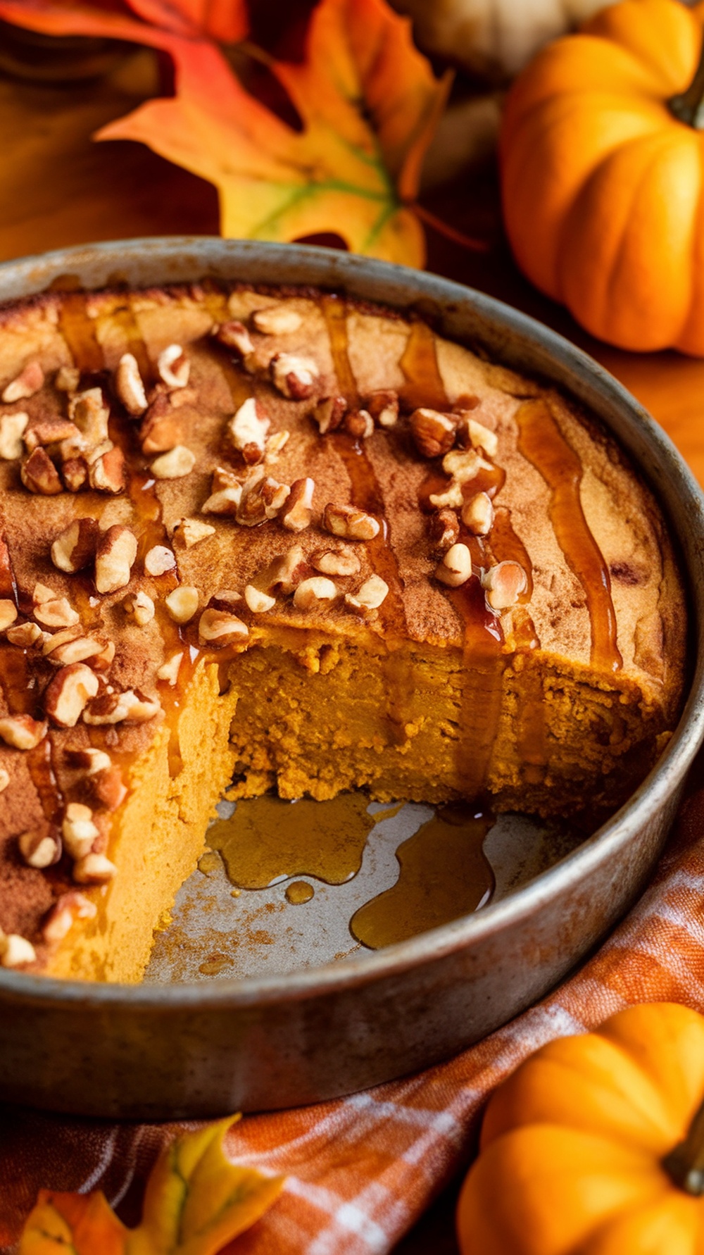 Pumpkin Spice Breakfast Casserole Recipe Pumpkin spice breakfast casserole in a rustic dish, topped with nuts and maple syrup, surrounded by autumn decorations.