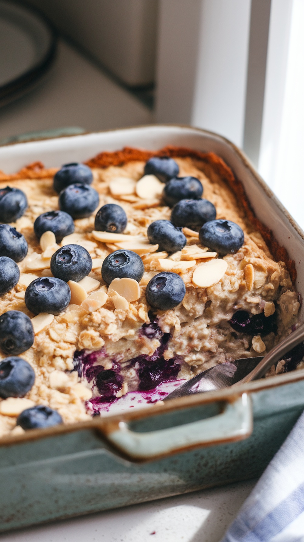 Blueberry Almond Overnight Oats Casserole Recipe Baked blueberry almond overnight oats casserole topped with almonds and blueberries in a rustic dish.
