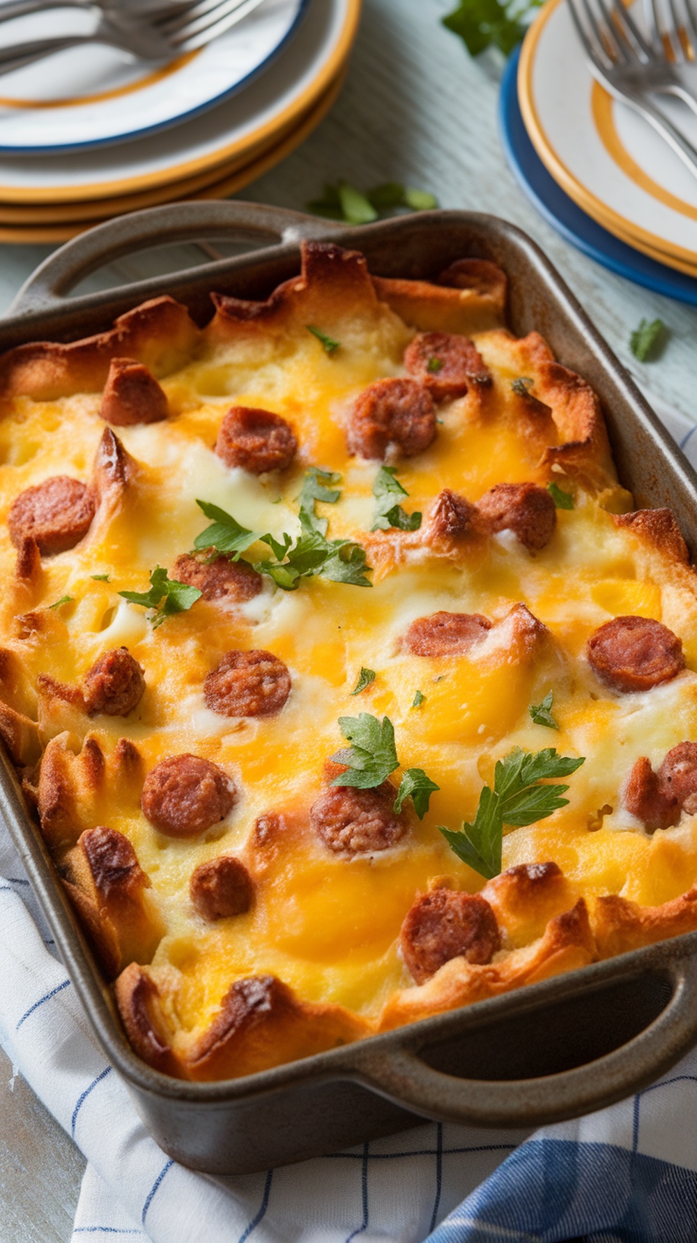 Egg and Sausage Breakfast Bake Recipe A hearty egg and sausage breakfast bake in a baking dish, garnished with parsley, on a breakfast table.