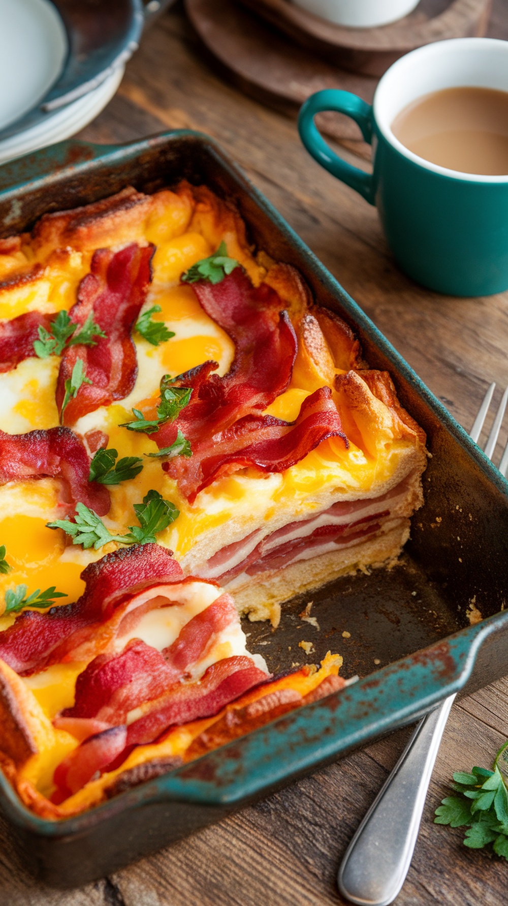 Bacon and Egg Breakfast Strata Recipe Baked bacon and egg strata with layers of bread, cheese, and bacon, garnished with parsley on a wooden table.