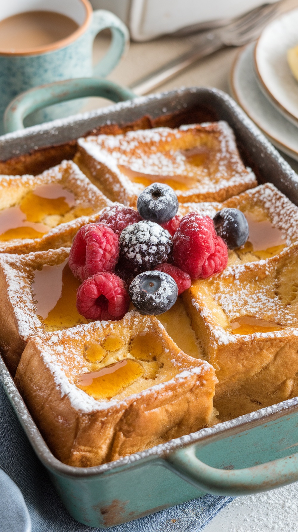 Golden Overnight French Toast Casserole topped with powdered sugar and fresh berries, served in a rustic dish.