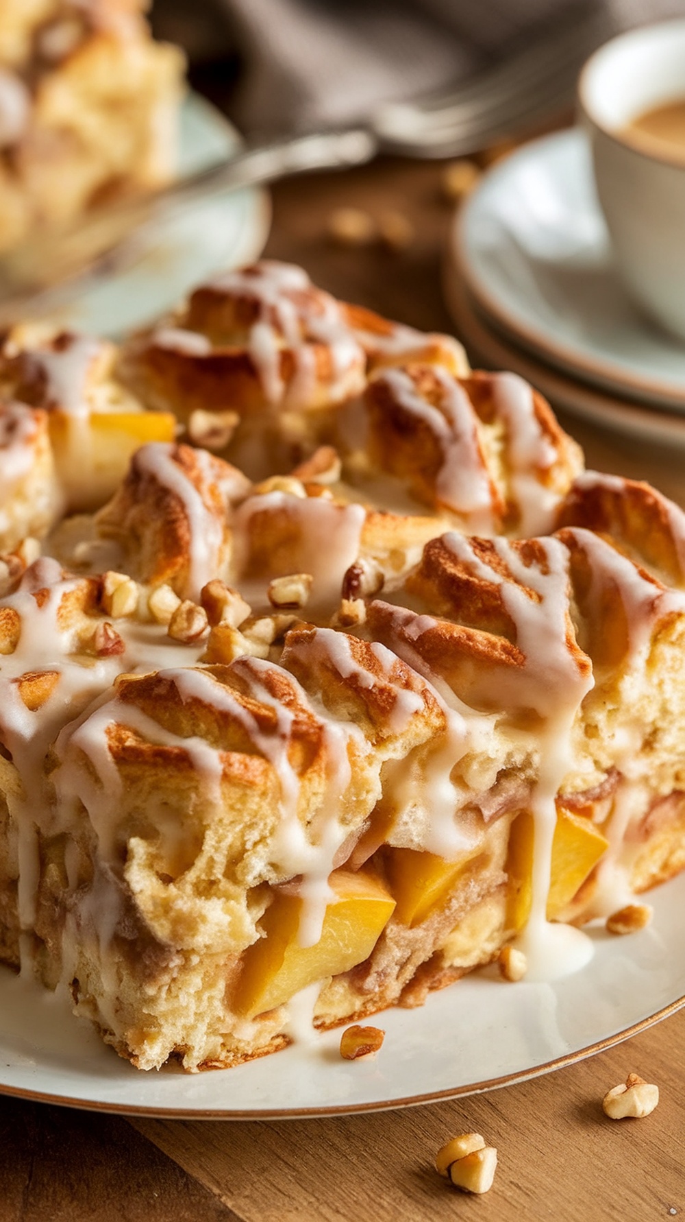Apple Cinnamon Roll Breakfast Casserole Apple cinnamon roll breakfast casserole with icing and nuts on a rustic table.
