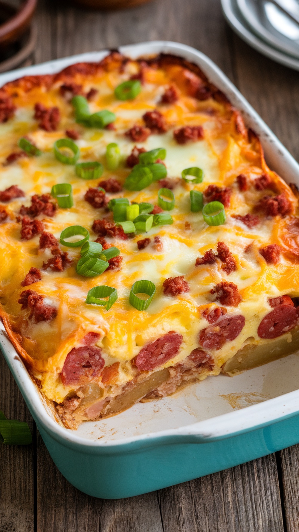 Chorizo and Potato Breakfast Bake Recipe Chorizo and Potato Breakfast Bake with melted cheese and green onions on a rustic table.
