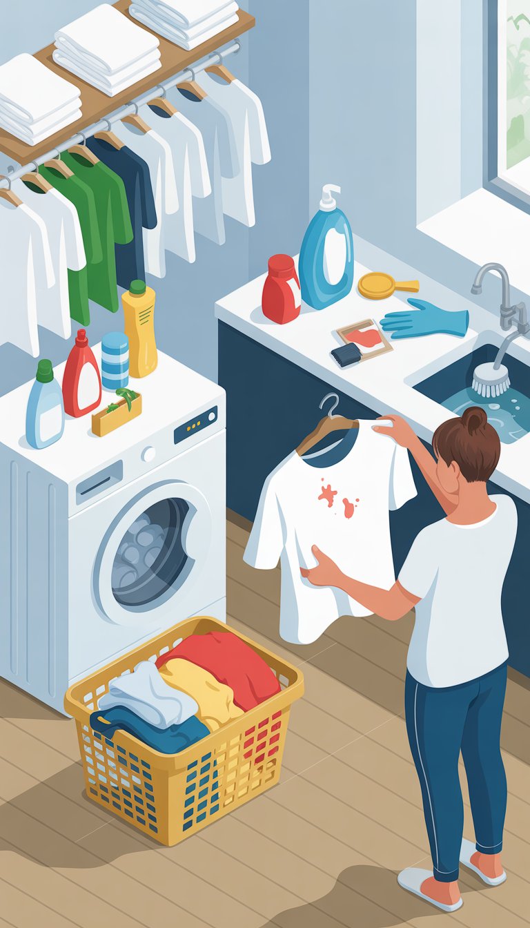 A person sorting clothes in a laundry room with a washing machine, laundry supplies, and shelves of folded white clothes.