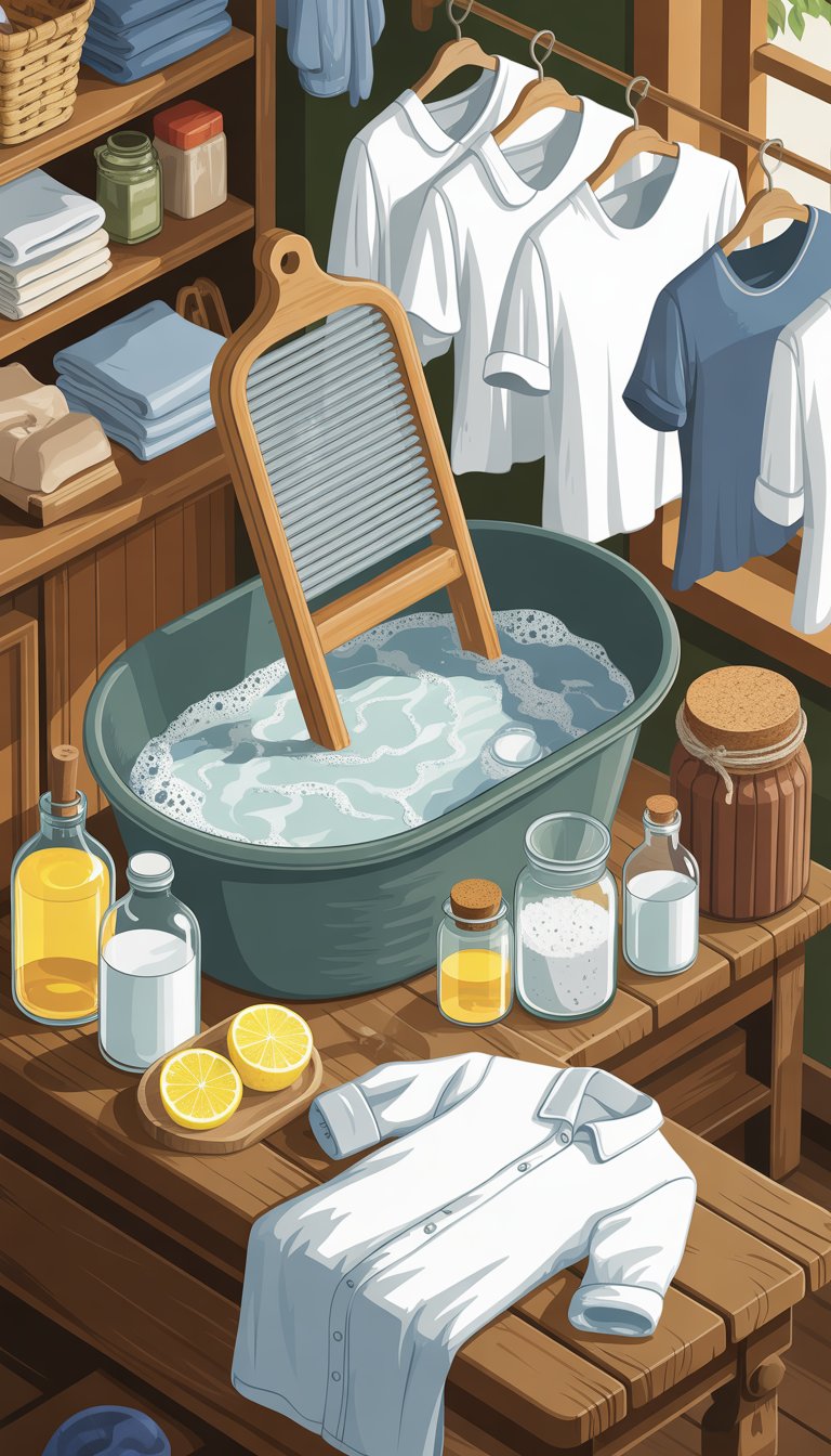 A cozy laundry room with a washboard, soapy tub, natural whitening ingredients on shelves, white clothes drying on a line, and freshly ironed white garments.