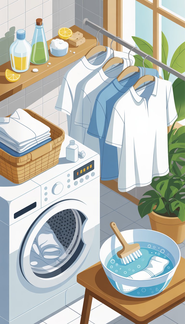 A clean laundry room with a washing machine, white clothes, natural cleaning supplies, and a drying rack with white garments hanging in sunlight.