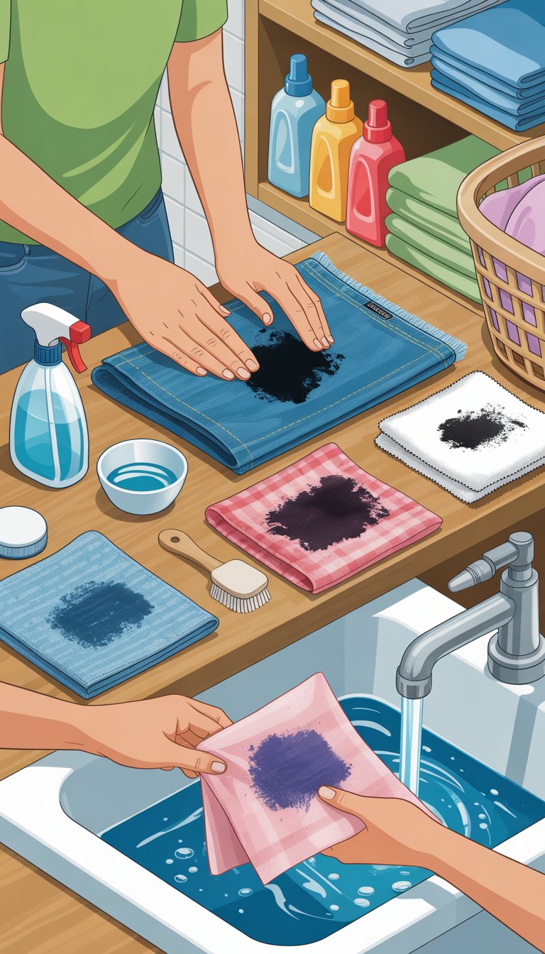 Hands treating ink stains on different fabric swatches with cleaning tools on a table in a laundry room.