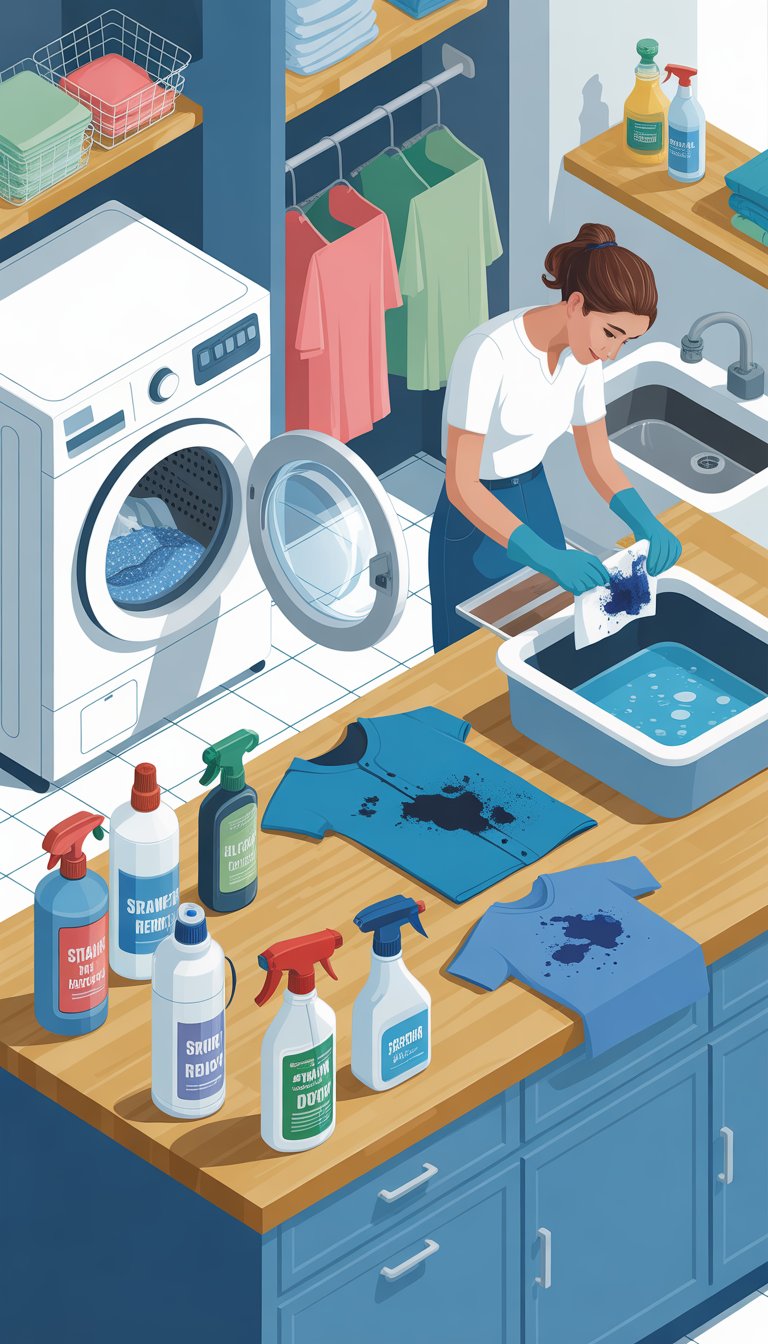 A person treating ink stains on clothing in a laundry room with cleaning products, a washing machine, and a drying rack.
