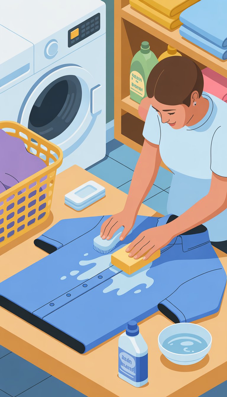 A person treating an oil stain on a shirt with cleaning supplies in a laundry room.