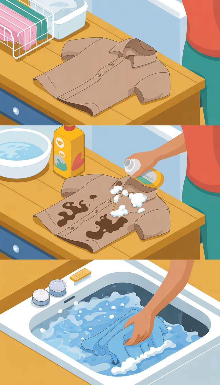 A three-part scene showing a stained shirt, someone applying stain remover to the oil spots, and the shirt being washed to remove the stains, with laundry items around.