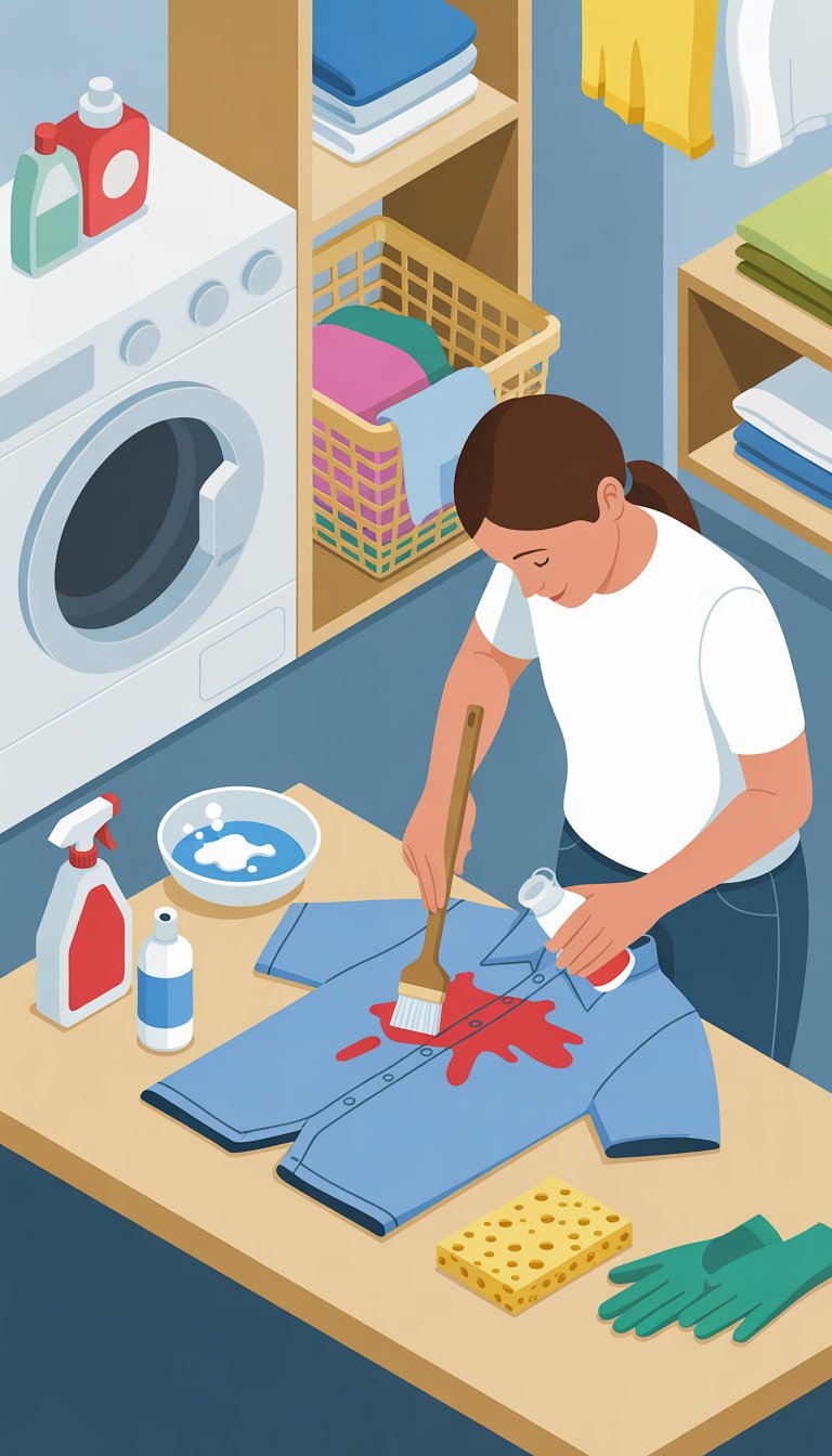 A person treating paint stains on a shirt in a laundry room with cleaning supplies and a washing machine nearby.